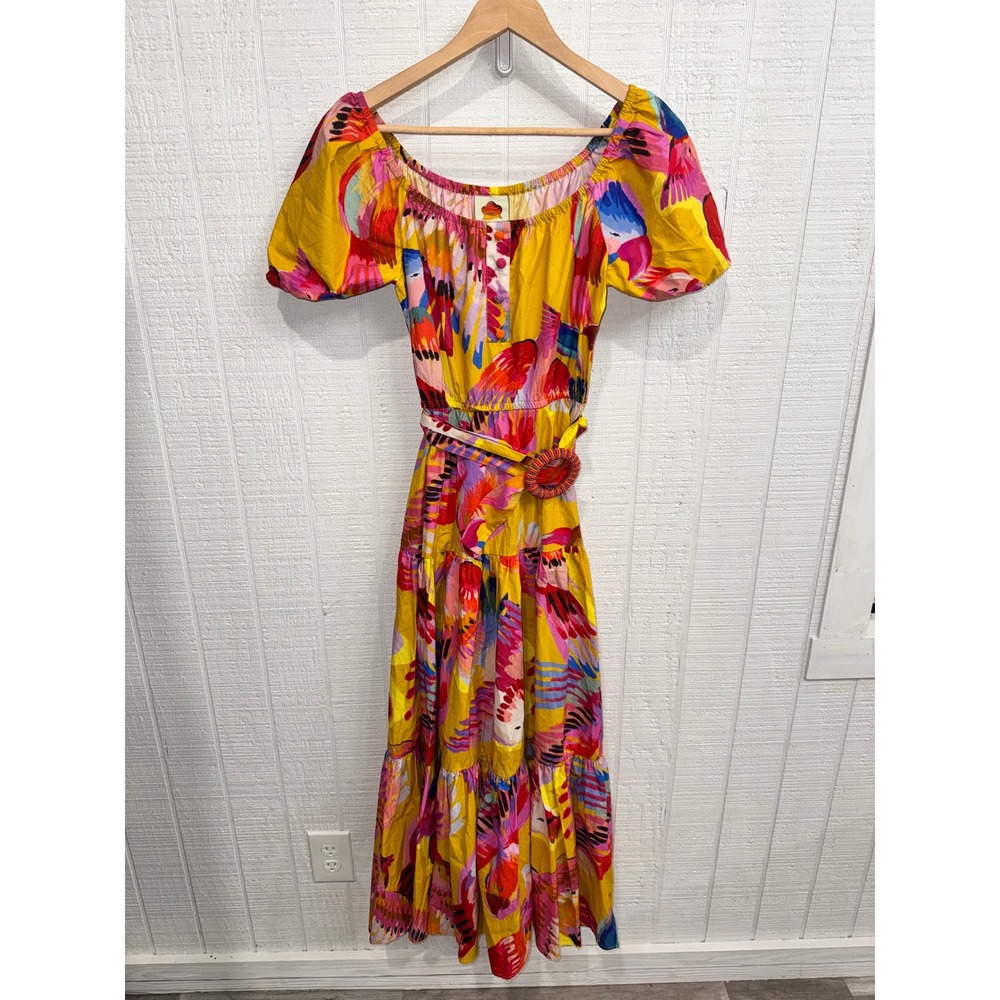Farm Rio Midi Dress Women XS Yellow Multi Abstract Tropical Beaded Belt Puff